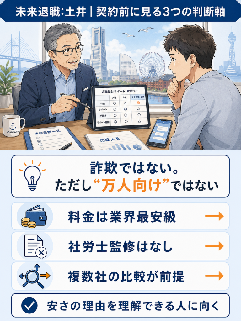 眼鏡の相談員が退職給付金サポートの選び方を読者に説明し、未来退職:土井の料金・監修・比較という3つの判断軸を整理した要点図
