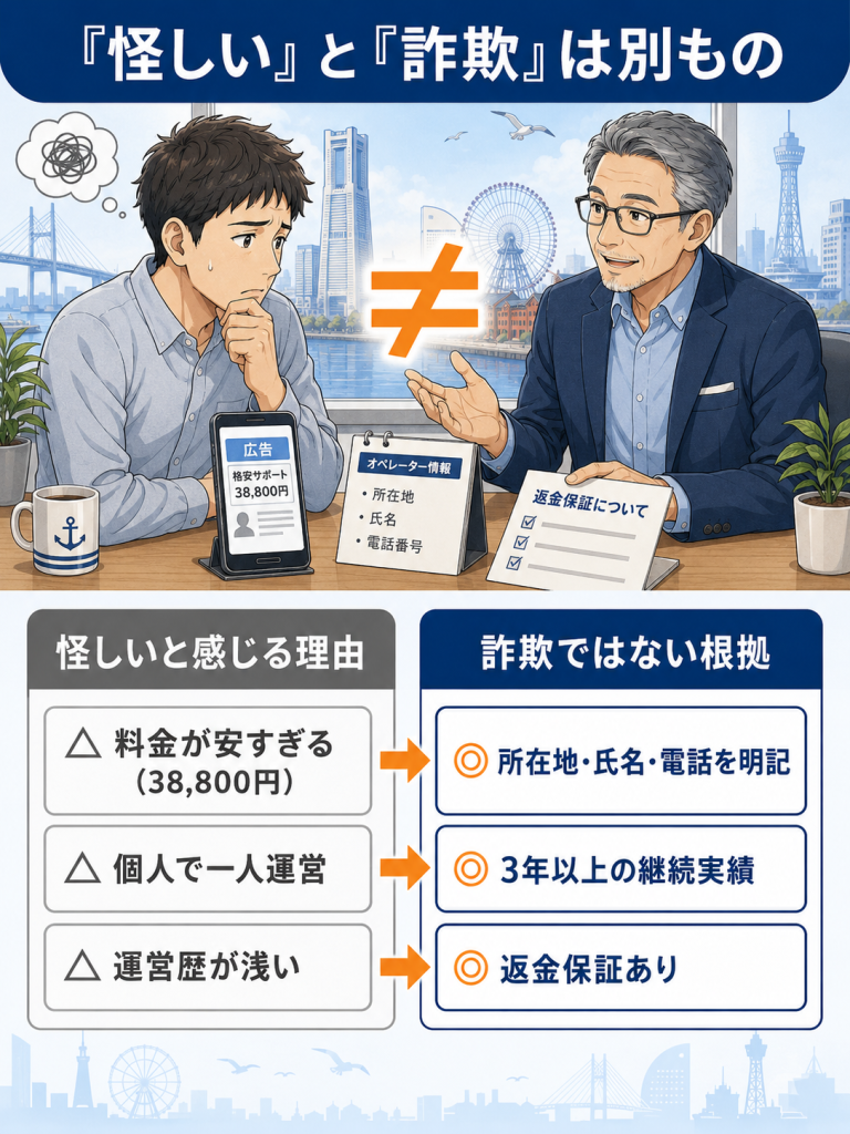 未来退職:土井が怪しいと言われる3つの理由と、詐欺ではないと判断できる根拠を左右で対比した解説図