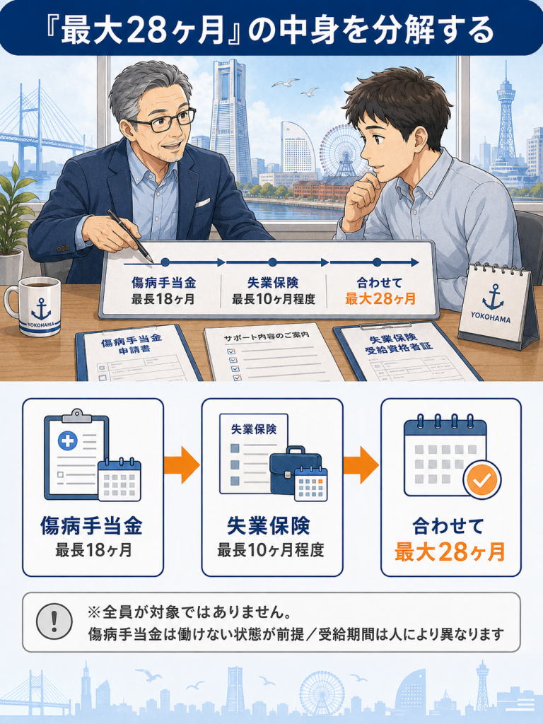 傷病手当金と失業保険を組み合わせた最大28ヶ月の受給イメージと、全員が対象ではない条件を左右の流れで示した解説図