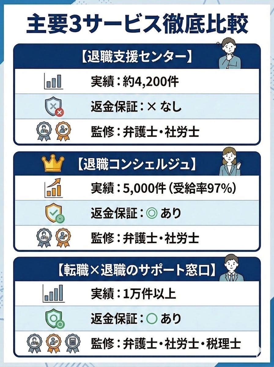 退職支援センター、退職コンシェルジュ、転職×退職のサポート窓口の3社比較表。実績、返金保証、監修体制の違い一覧。