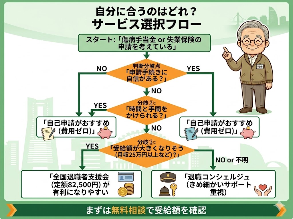 傷病手当金・失業保険の申請方法を「自己申請・全国退職者支援会・退職コンシェルジュ」の3択から選ぶための意思決定フローチャート