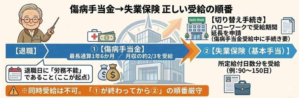 傷病手当金を先に受給し、その後に失業保険へ切り替える正しい受給順序を示したタイムライン図