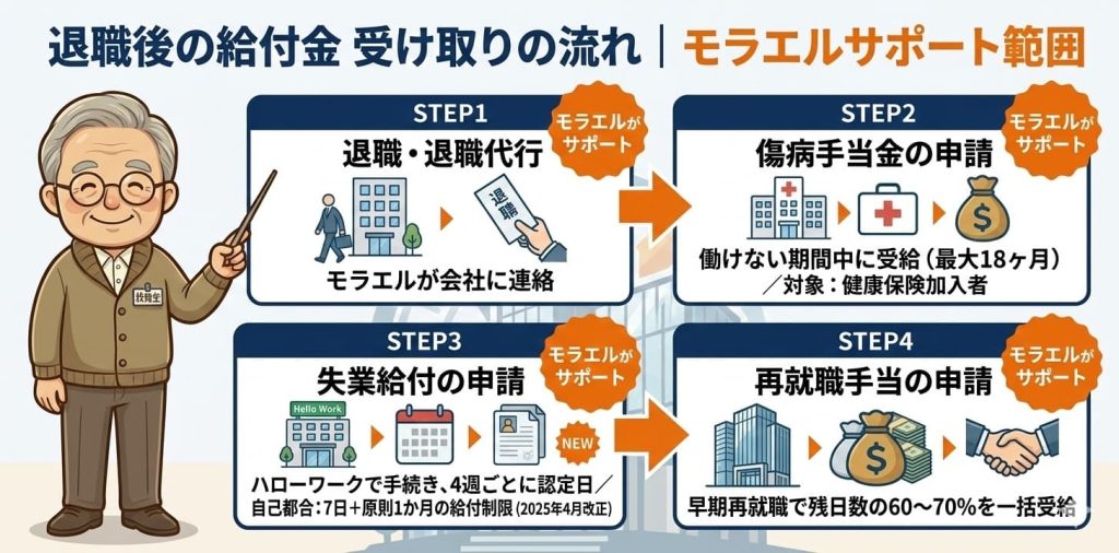 退職代行モラエルによる給付金サポートの流れ。退職→傷病手当金→失業給付→再就職手当の順序と各ステップのサポート内容を図解