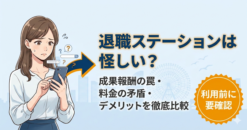 退職ステーションの評判や料金を解説する記事のアイキャッチ画像。怪しいという疑問に対し、料金の矛盾やデメリットを徹底比較する内容を訴求。