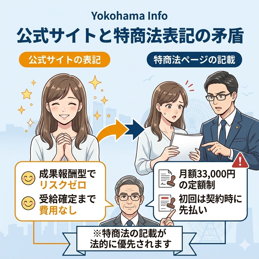 退職ステーションの公式サイトと特定商取引法表記の矛盾を図解。成果報酬型という記載に対し、実際は月額33,000円の先払いであることを比較。