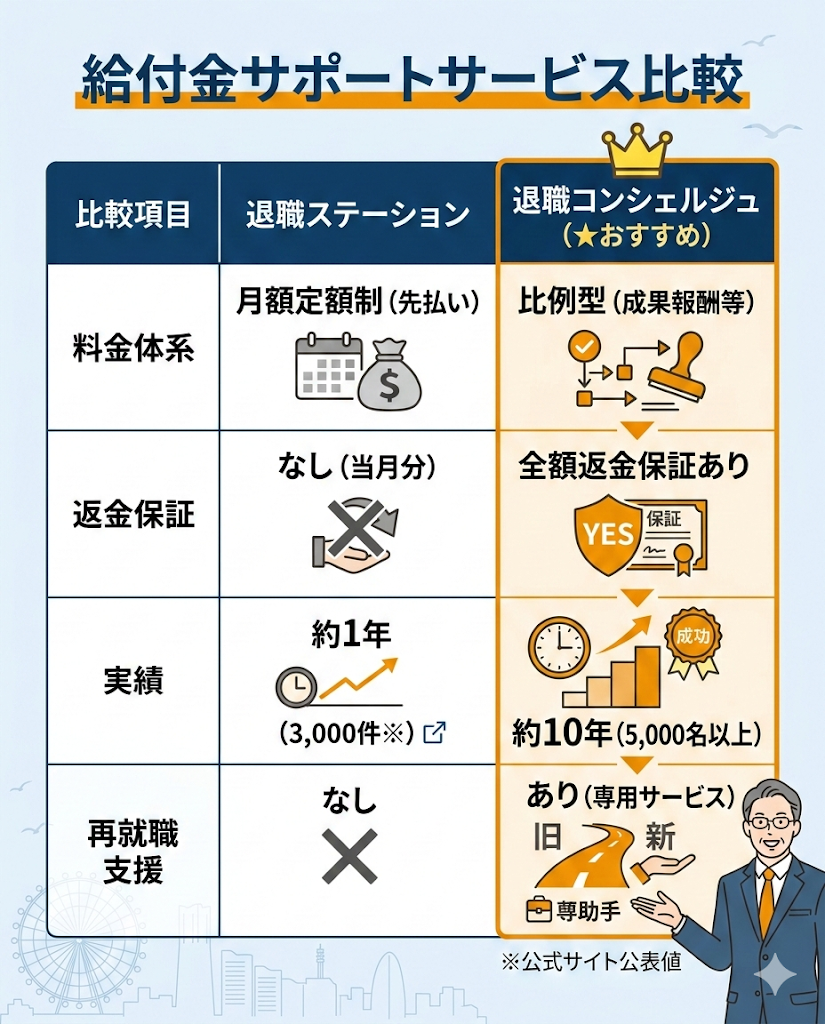 退職ステーションと退職コンシェルジュの比較表。料金体系、返金保証の有無、実績年数、再就職支援の有無などを比較し、退職コンシェルジュの優位性を図解。