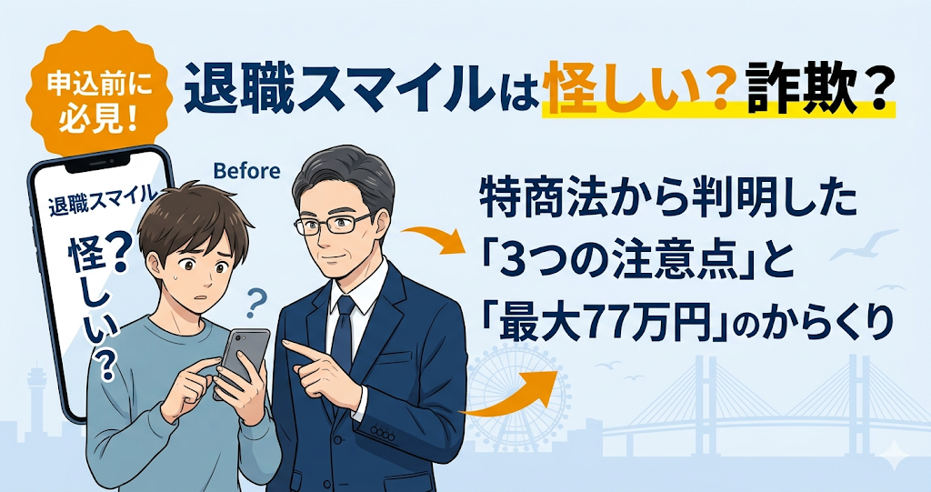 退職スマイルの評判・口コミ検証記事アイキャッチ。怪しい・詐欺という噂の真相と、申込前の3つの注意点を解説