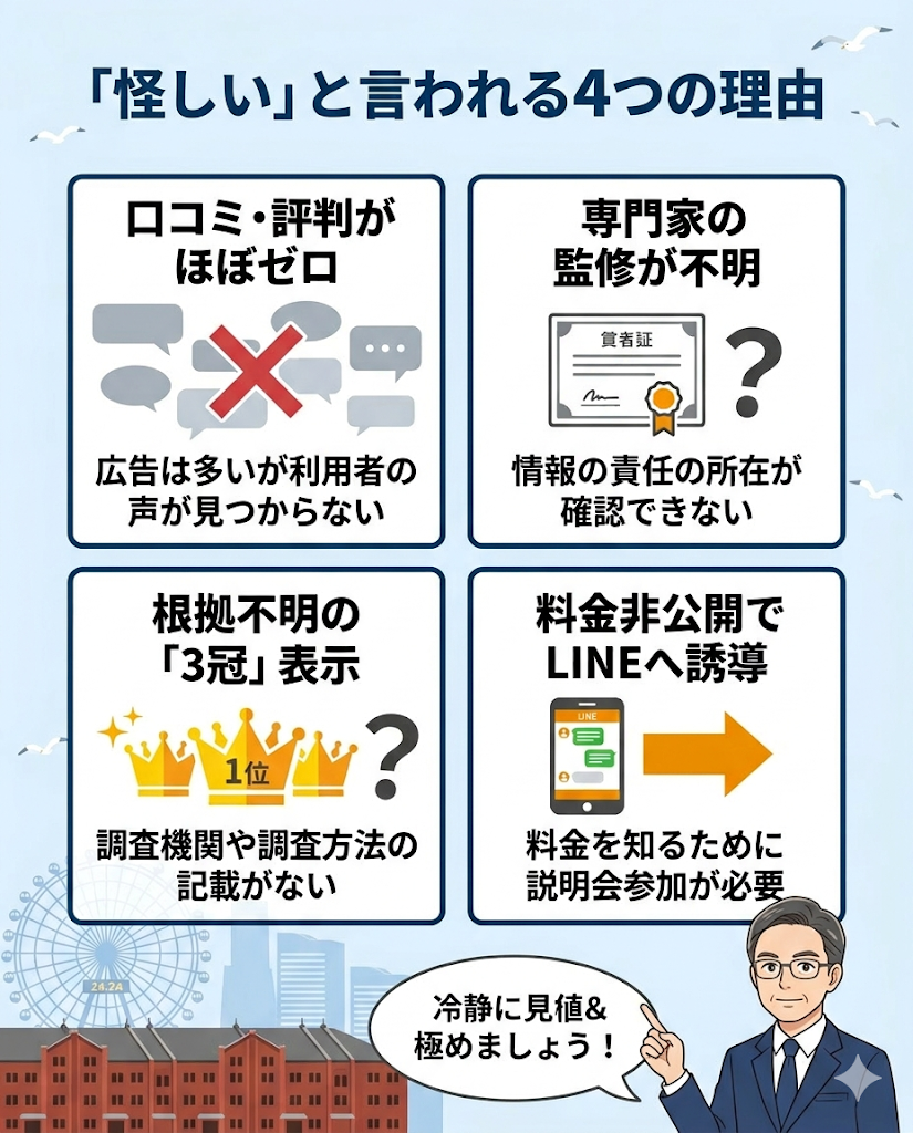退職スマイルが怪しいと言われる4つの理由を図解。口コミの少なさ、専門家監修の不明瞭さ、根拠不明の3冠表示、料金非公開の構造を整理