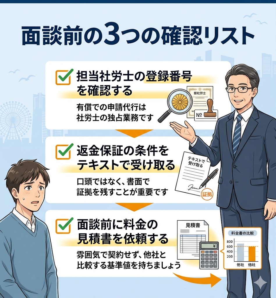 面談前に確認すべき3つのチェックリスト。社労士の登録番号、返金条件のテキスト化、事前の見積書依頼を図解で整理