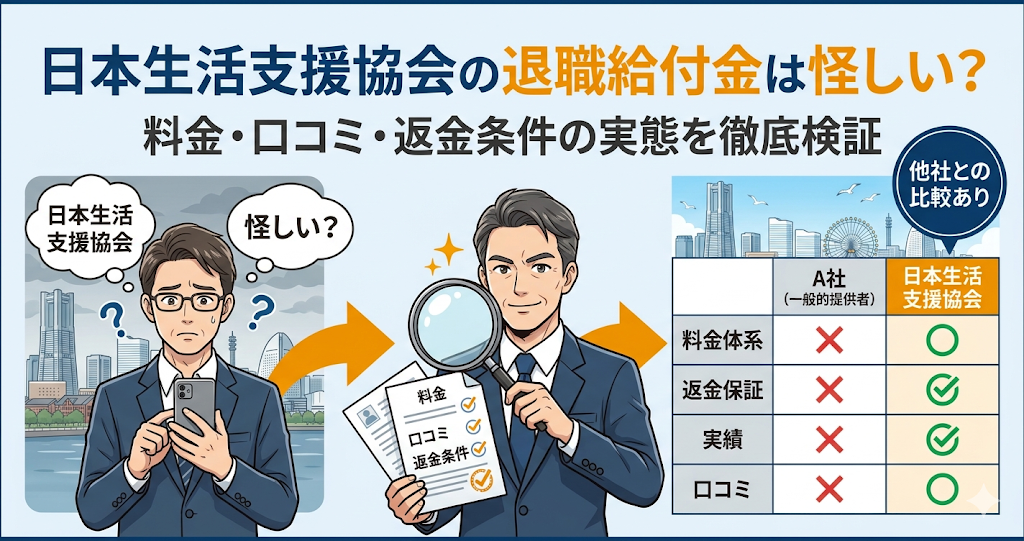 日本生活支援協会の退職給付金サポートの検証記事アイキャッチ。料金、口コミ、返金条件の実態を徹底検証