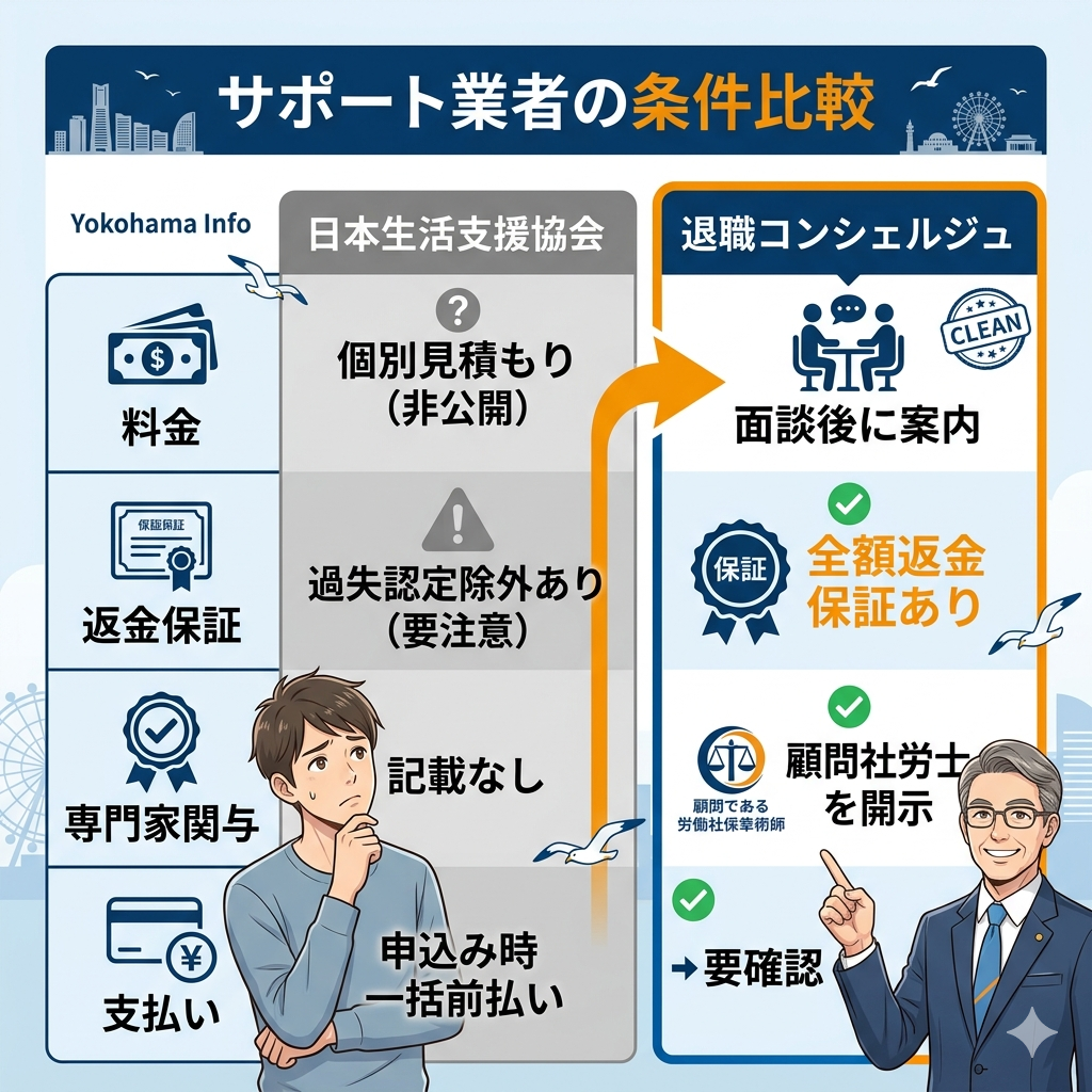日本生活支援協会と退職コンシェルジュの料金、返金保証、専門家関与、支払いタイミングの比較表