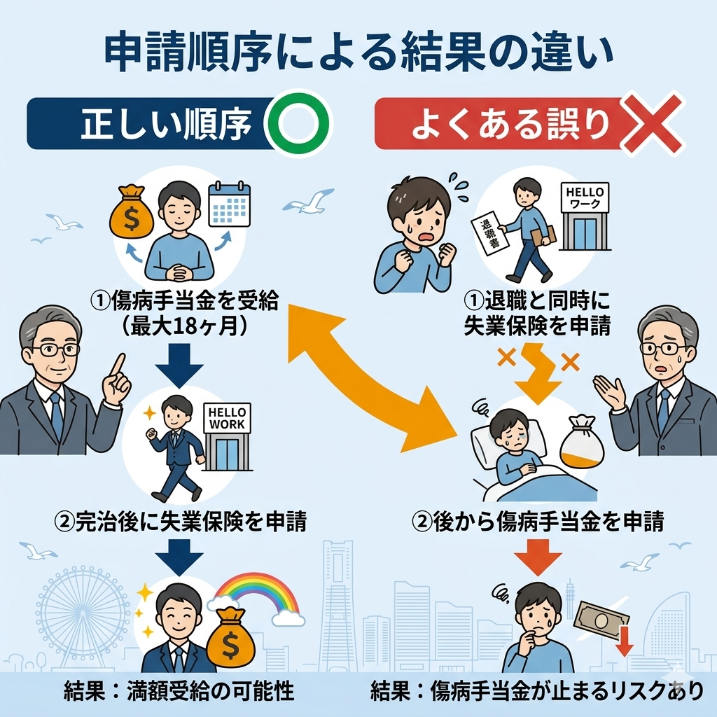 傷病手当金と失業保険の申請順序による結果の違い。正しい順序とよくある誤りの対比図