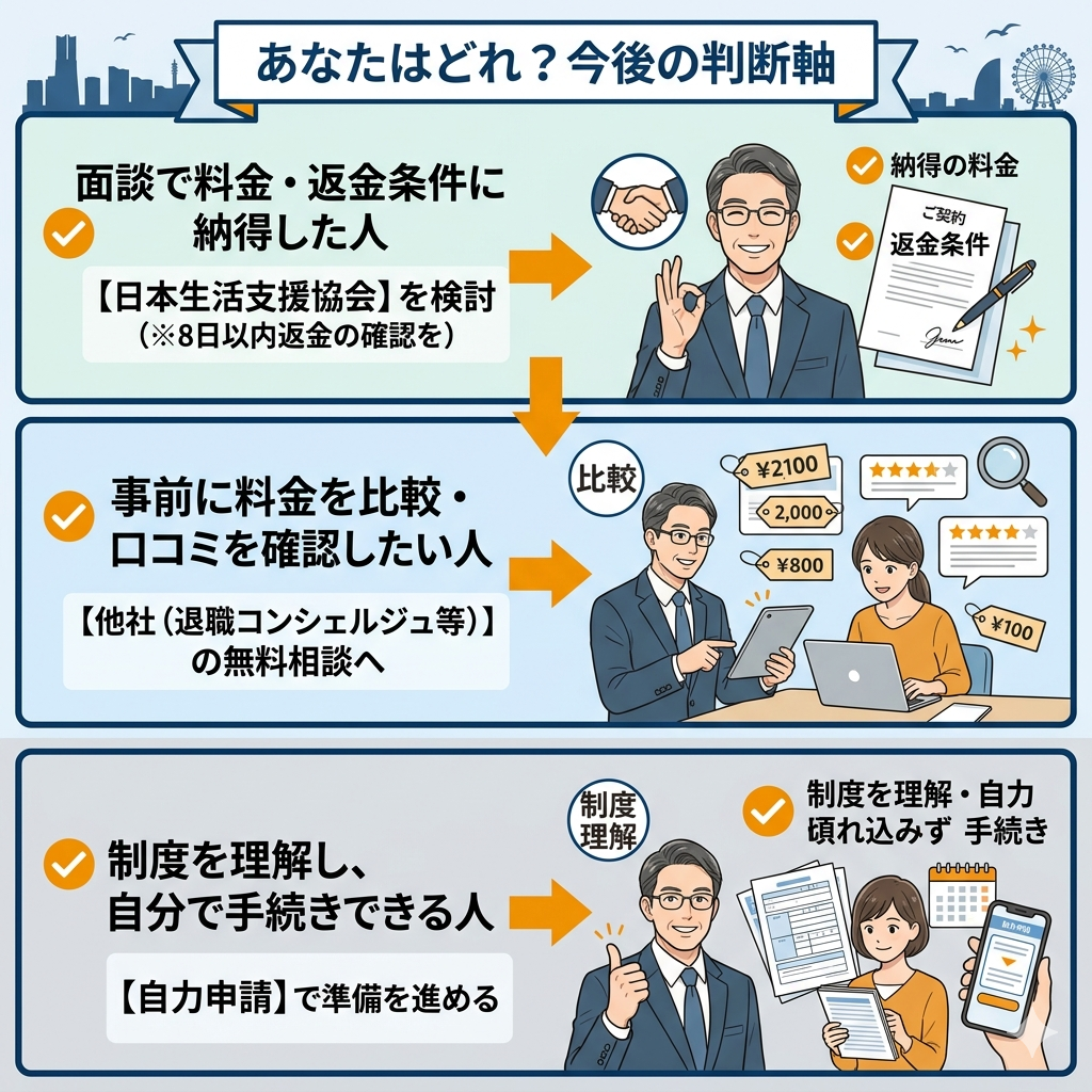 退職給付金サポート申込みの判断軸。料金に納得した人、他社と比較したい人、自力申請できる人の3パターンの行動指針