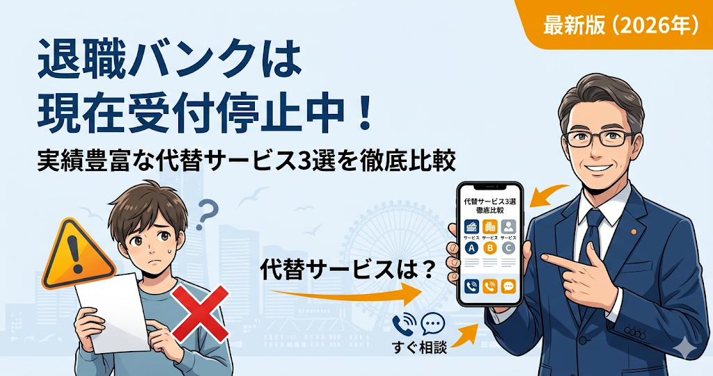 退職バンクが受付停止中であることと、実績豊富な代替サービス3選を比較解説する記事のアイキャッチ画像