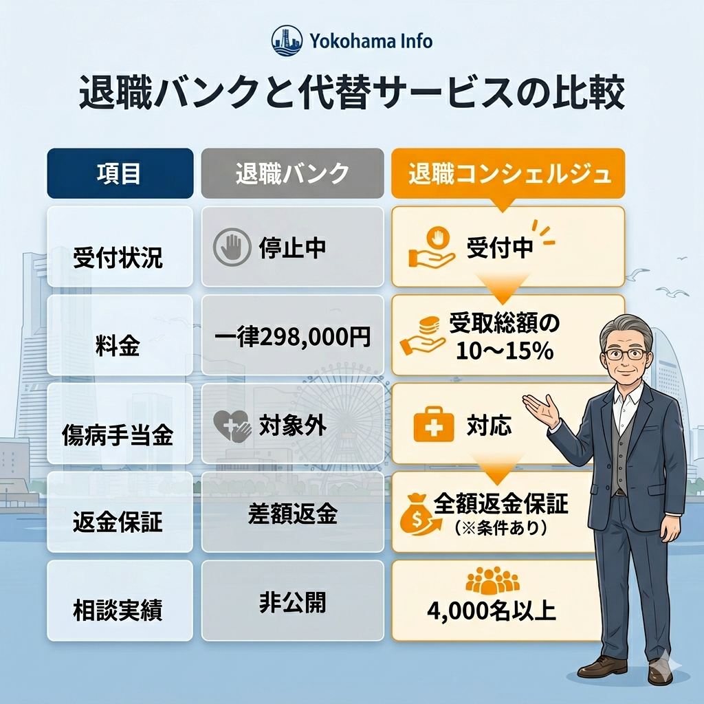 退職バンクと退職コンシェルジュの比較表。受付状況、料金、傷病手当金対応、返金保証、相談実績の違いを整理
