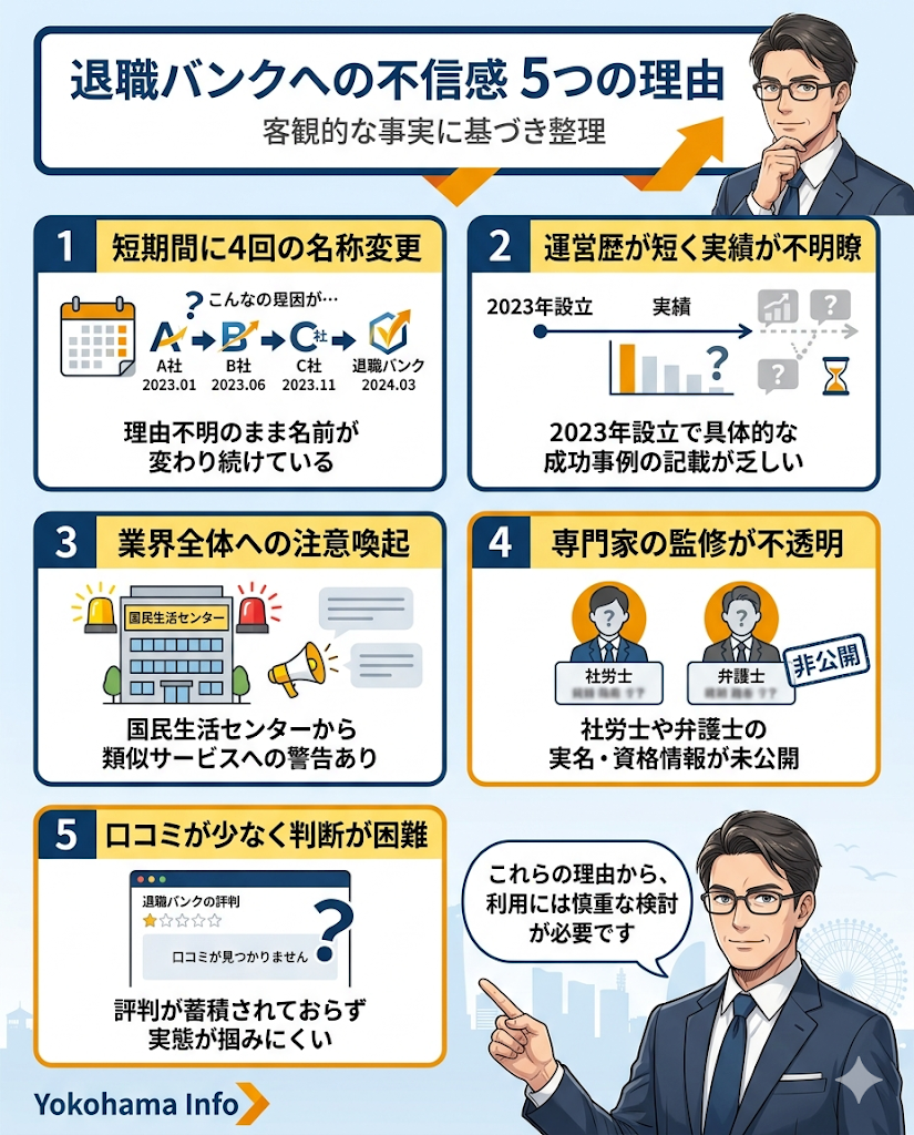退職バンクが怪しいと言われる5つの理由を図解。名称変更、実績不足、注意喚起、監修不透明、口コミ不足について整理