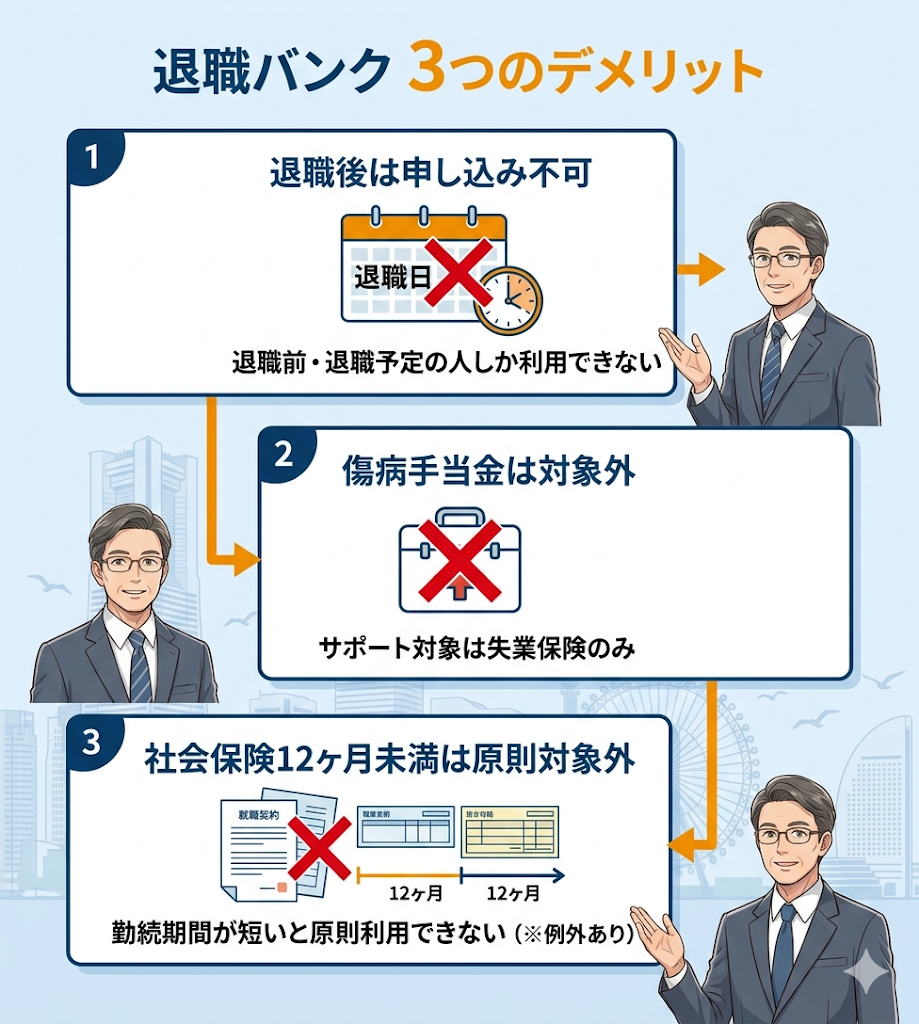 退職バンクのデメリットを3つ図解。退職後は申し込み不可、傷病手当金は対象外、社会保険12ヶ月未満は原則対象外であることを整理