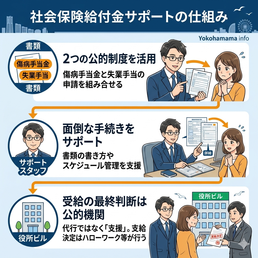 社会保険給付金サポートの仕組みを図解。傷病手当金と失業手当の組み合わせ、手続き支援、受給判断は公的機関が行うことを説明
