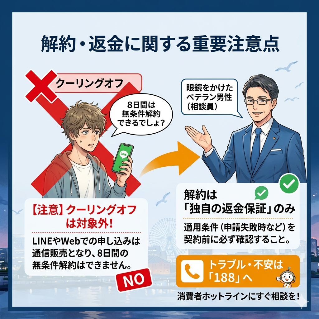 オンライン契約の解約・返金に関する注意点。クーリングオフの対象外であることや、消費者ホットラインの利用について解説