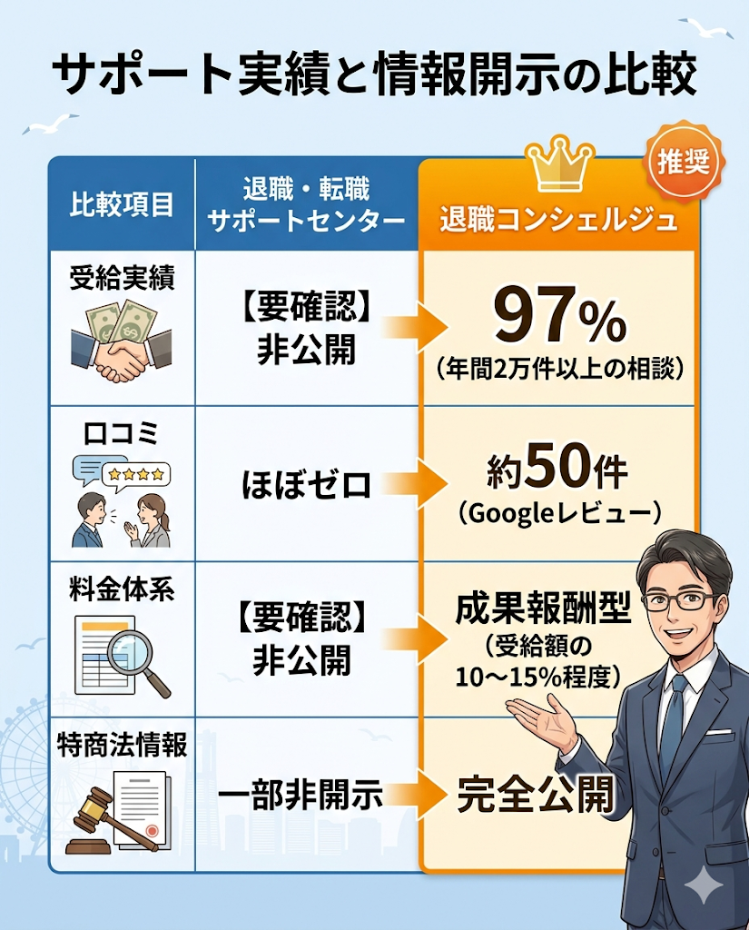 退職・転職サポートセンターと退職コンシェルジュの比較表。受給実績、口コミ数、料金体系、特商法情報の開示レベルを比較