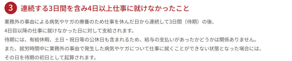 全国健康保険協会公式サイトで解説されている傷病手当金の4つの受給条件（2026年3月時点）