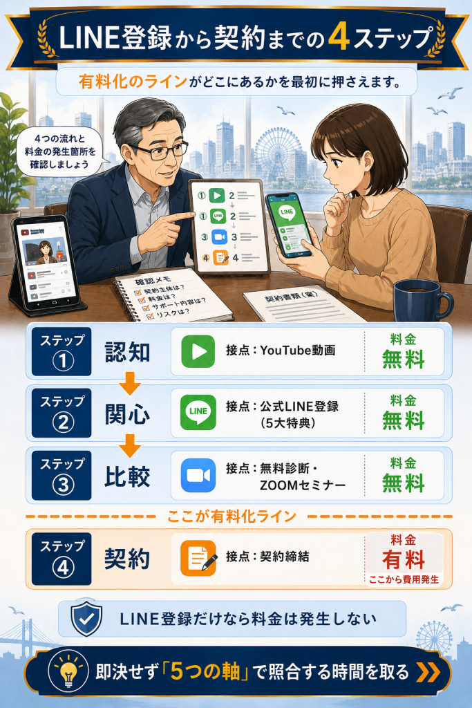 LINE登録から契約までの4ステップと有料化ラインを示す図解（認知→関心→比較→契約）