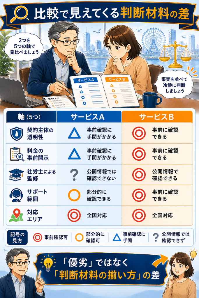 給付金サポート2サービスを5軸（契約主体・料金開示・社労士監修・サポート範囲・対応エリア）で並べた中立的比較表