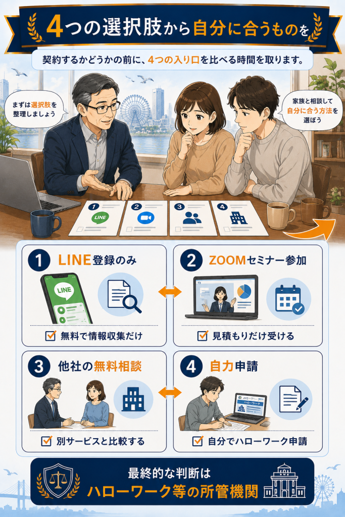 LINE登録のみ・ZOOMセミナー・他社無料相談・自力申請の4選択肢を整理した図解