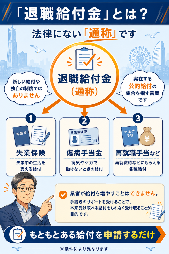 「退職給付金」が失業保険・傷病手当金・再就職手当をまとめた通称であることを示す分解図