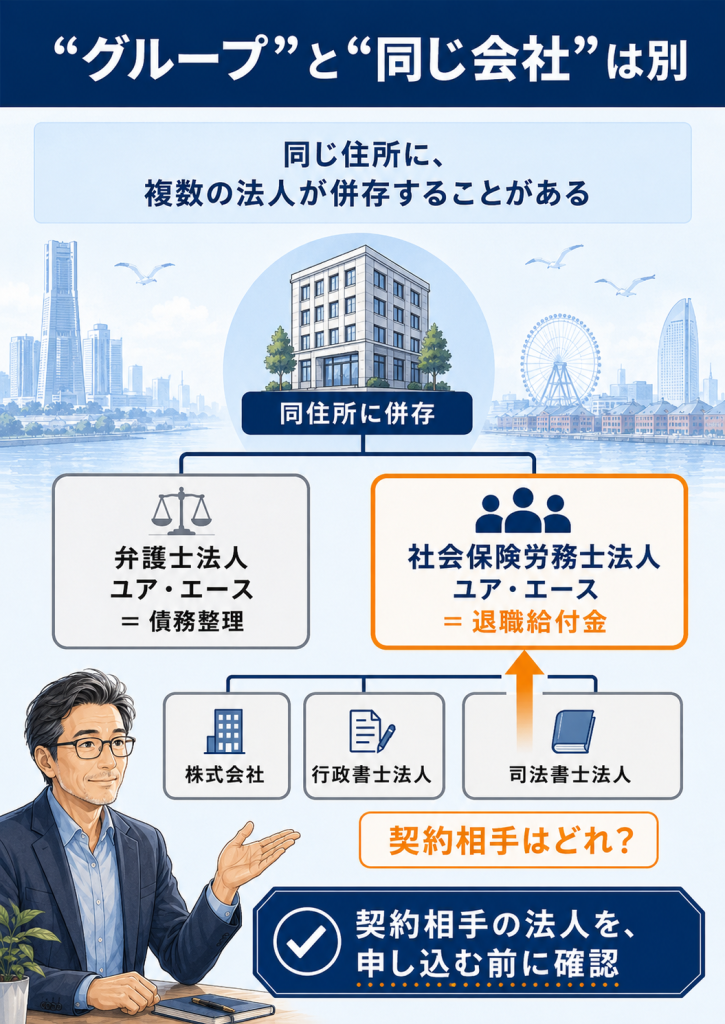 弁護士法人(債務整理)と社労士法人(退職給付金)を切り分けるグループ構造図