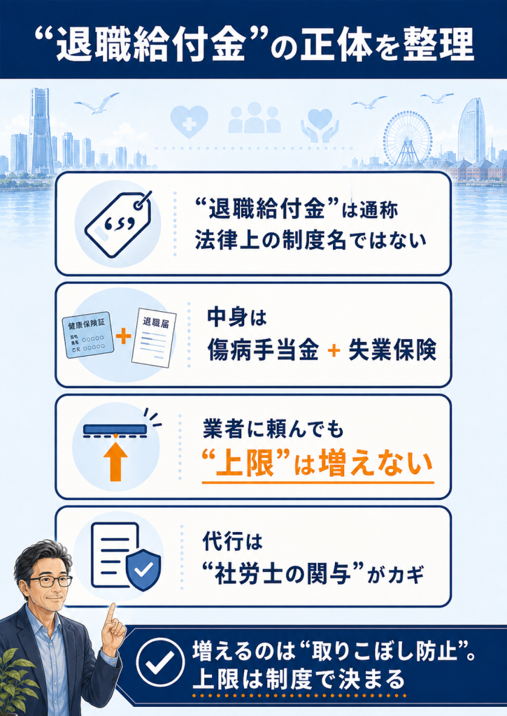 退職給付金は通称で中身は傷病手当金と失業保険、業者でも上限は増えないと整理した図解