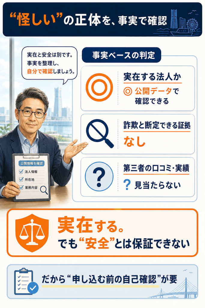 実在は確認できるが安全は保証できないという中立判定を◎と❓で示した図解