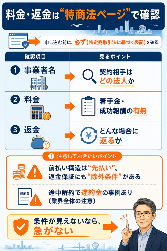 特商法ページで確認すべき事業者名・料金・返金の3点と前払いの注意を示した図解