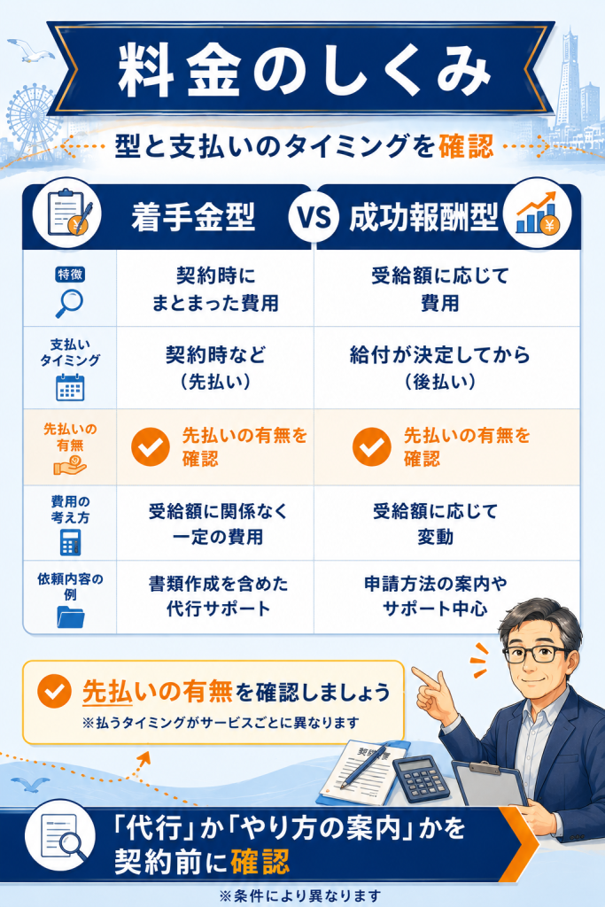 申請サポートの料金体系(着手金型と成功報酬型)と先払いの有無を整理した比較図解
