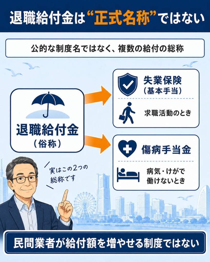 退職給付金が俗称であり失業保険と傷病手当金などの総称であることを整理した概念図