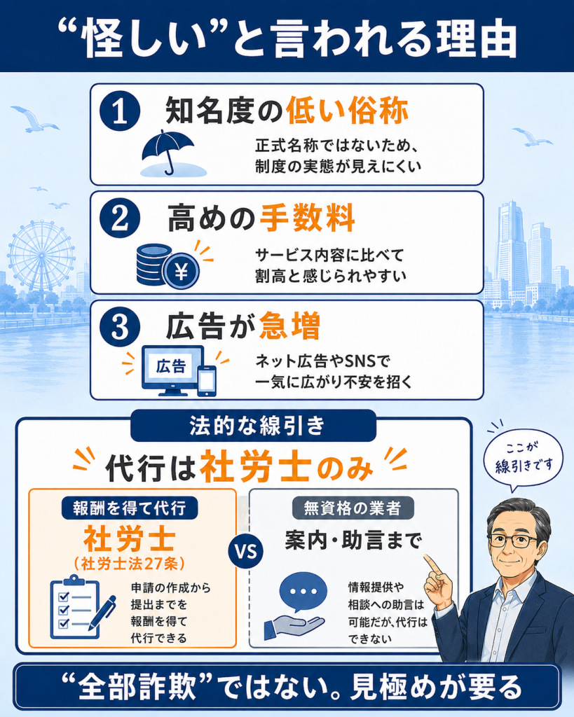 退職給付金サポートが怪しいと言われる理由と社労士法27条の線引きを整理した図解