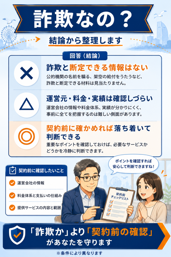 退職給付金ドットコムは詐欺と断定できないが契約前の確認が必要だと整理した回答図解