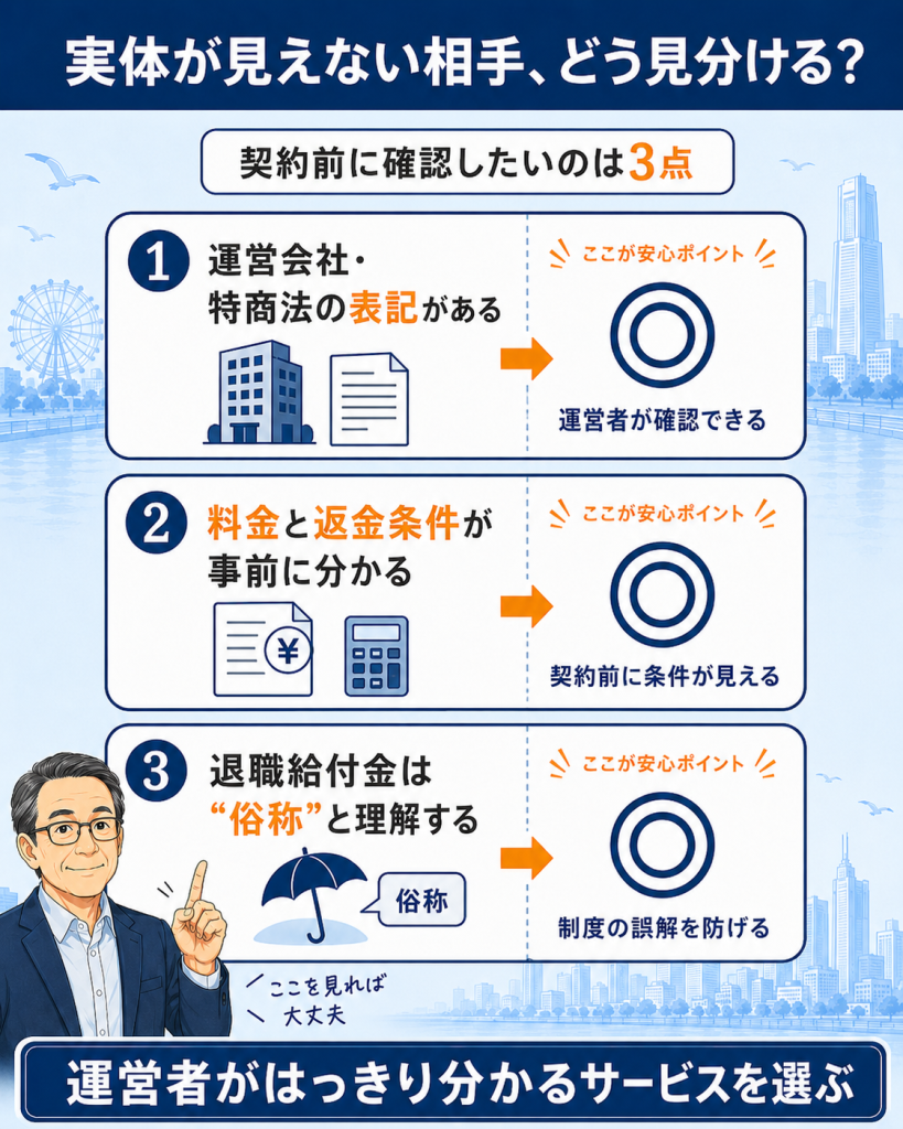 信頼できる退職給付金サポートを見分ける3つの確認ポイントを示したチェックリスト図解