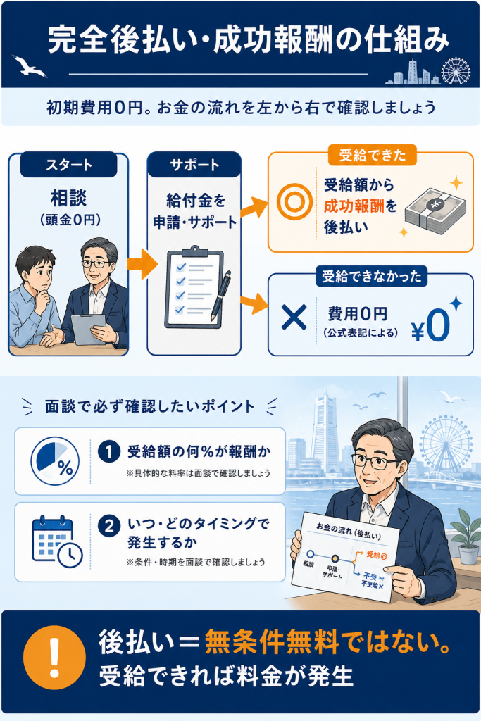 頭金0円・完全後払い・成功報酬の流れを左から右で示し、受給時は報酬発生・不受給時は費用0円という後払いの仕組みを整理した図解