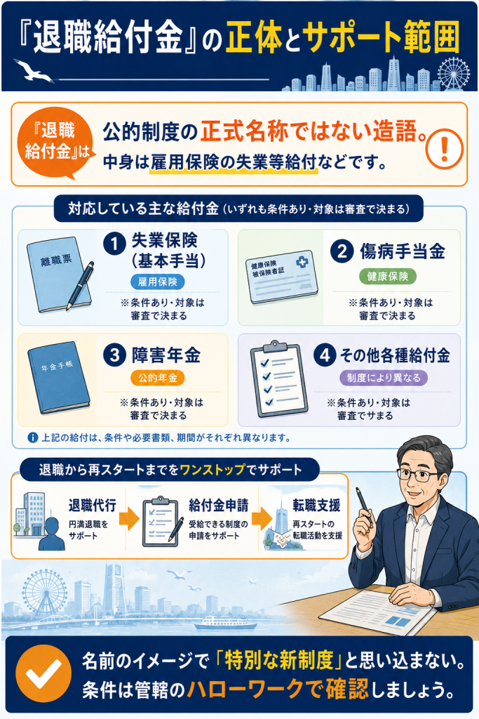 退職給付金は造語で、失業保険・傷病手当金・障害年金などの組み合わせであることと、退職代行から転職支援までのワンストップ範囲を整理した図解