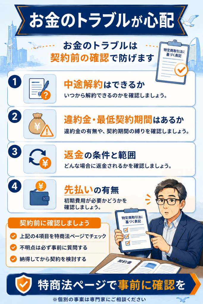 解約・違約金・返金・先払いなど契約前に特商法ページで確認したい項目のチェック図解