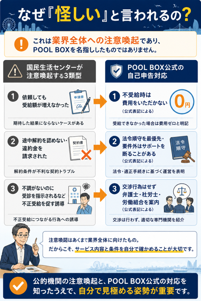 国民生活センターが注意喚起する3トラブル類型と、POOL BOX公式の自己申告対応を左右で両論併記し、業界全体への注意喚起だと示した図解