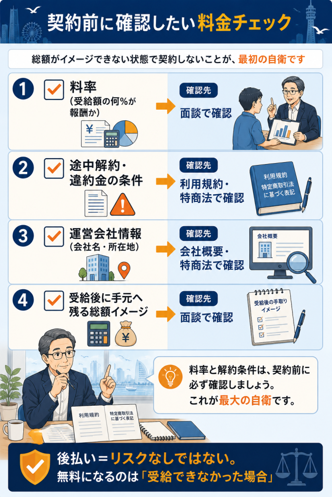 料率・解約や違約金の条件・運営会社情報・総額イメージなど、契約前に確認すべき料金チェックリストを示した図解