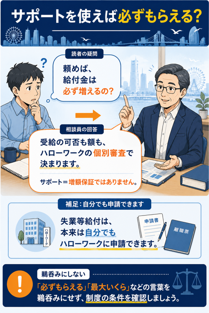 サポートを使えば必ずもらえるのかという疑問に、受給の可否も額もハローワークの審査で決まると相談員が答える対話形式の図解