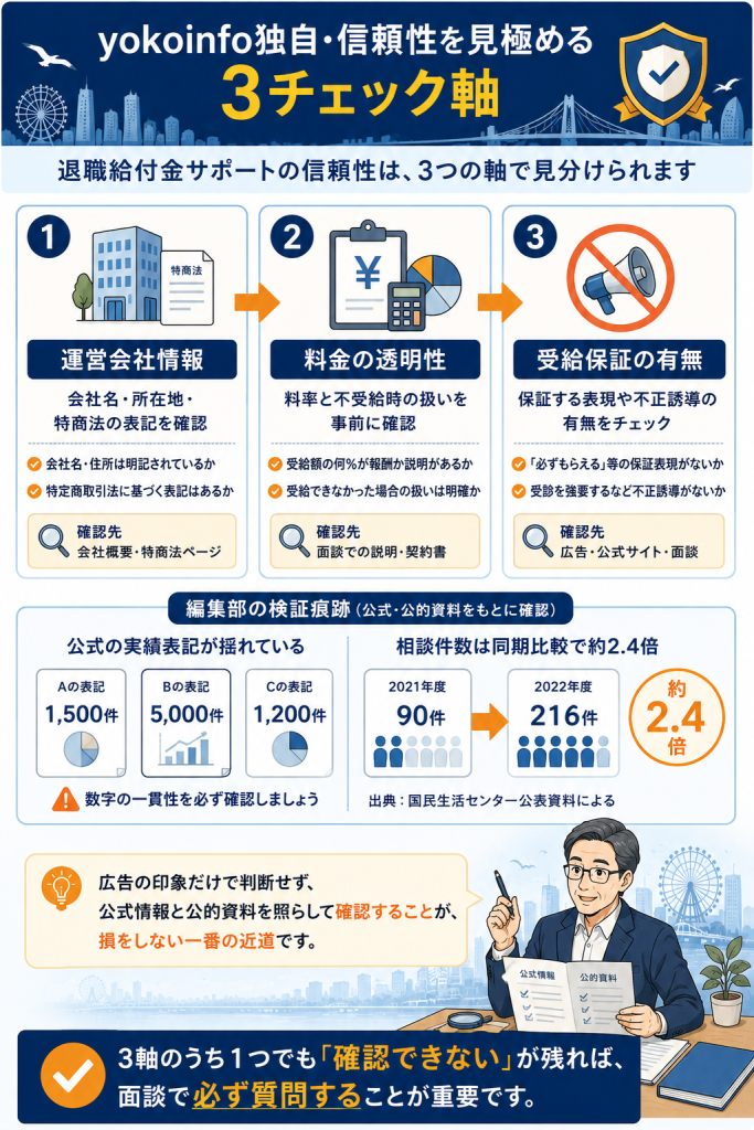 運営会社情報・料金の透明性・受給保証の有無という編集部独自の信頼性3チェック軸と、実績数字の揺れや相談件数の検証痕跡を示した図解