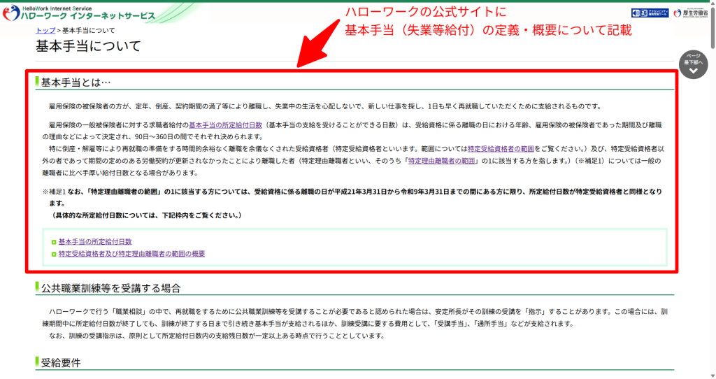 退職給付金は造語であり、正式には雇用保険の失業等給付(基本手当)であることを示すハローワークインターネットサービスの基本手当の公式説明